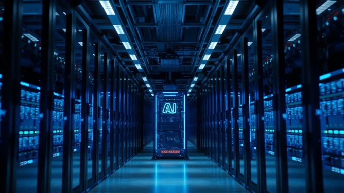 A glowing server rack in a dimly lit data center, representing AI inference processing infrastructure.