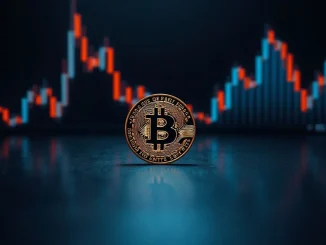 Bitcoin coin on reflective surface with order book depth chart in background