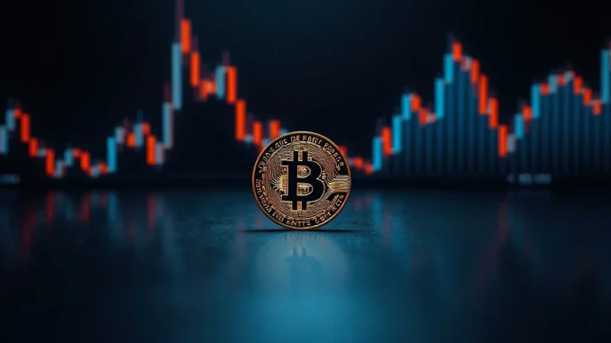 Bitcoin coin on reflective surface with order book depth chart in background