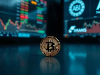 Bitcoin coin on reflective surface with blurred stock market screens in background