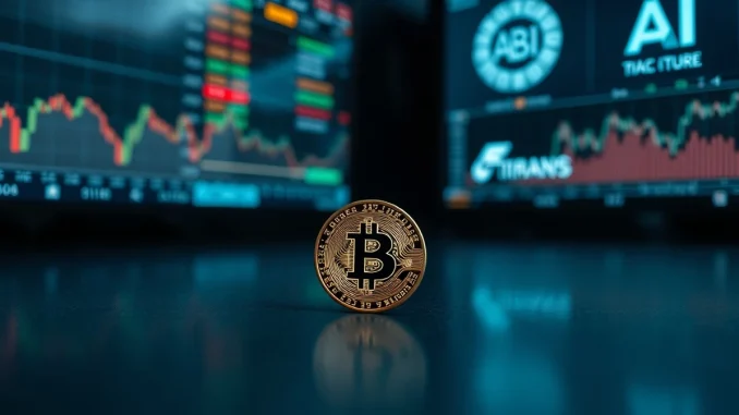 Bitcoin coin on reflective surface with blurred stock market screens in background