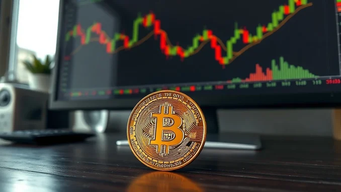 Bitcoin coin on desk with financial charts in background representing market analysis
