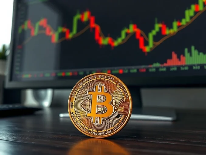 Bitcoin coin on desk with financial charts in background representing market analysis