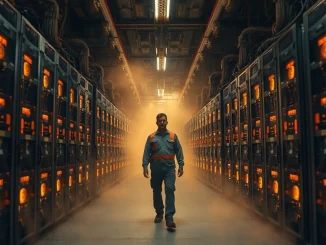 Interior of a large Bitcoin mining facility with rows of ASIC miners and a worker walking between them.