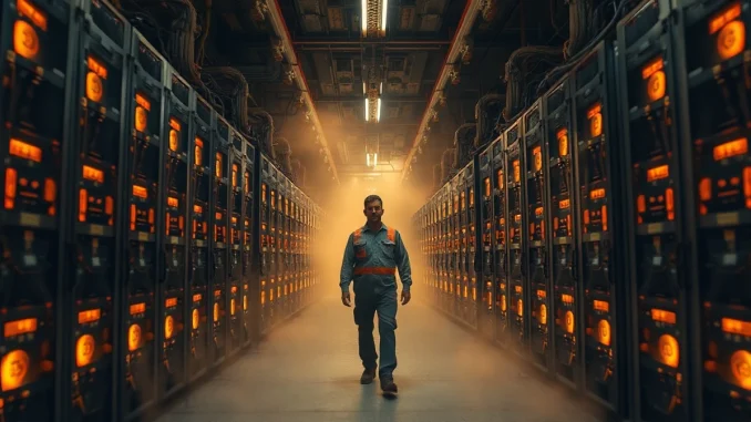 Interior of a large Bitcoin mining facility with rows of ASIC miners and a worker walking between them.