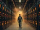 Interior of a large Bitcoin mining facility with rows of ASIC miners and a worker walking between them.