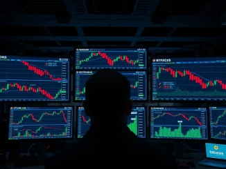 Bitcoin price charts and options data displayed on trading monitors in a dimly lit financial trading desk environment.