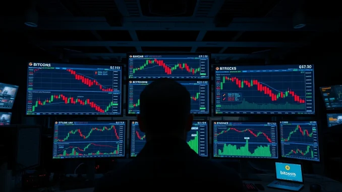 Bitcoin price charts and options data displayed on trading monitors in a dimly lit financial trading desk environment.