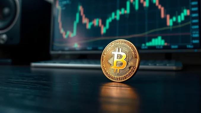 Bitcoin coin on wooden table with blurred trading chart in background