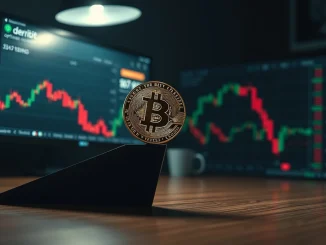 Bitcoin coin on desk with bearish chart and options trading screen in background