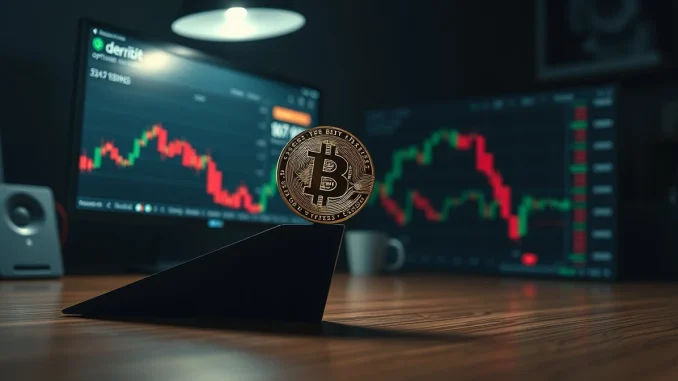 Bitcoin coin on desk with bearish chart and options trading screen in background