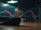 Bitcoin coin on desk with bearish chart and options trading screen in background
