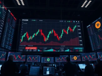 Bitcoin price chart showing potential short squeeze zone on a trading floor screen.
