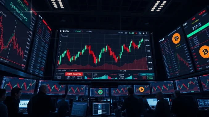 Bitcoin price chart showing potential short squeeze zone on a trading floor screen.