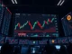 Bitcoin price chart showing potential short squeeze zone on a trading floor screen.