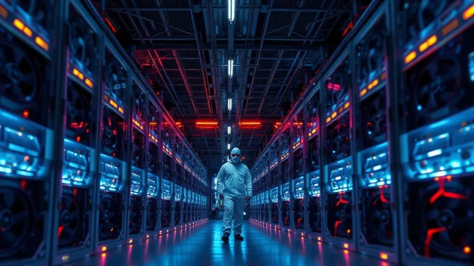 Interior of a modern cryptocurrency mining facility with server racks and a technician.
