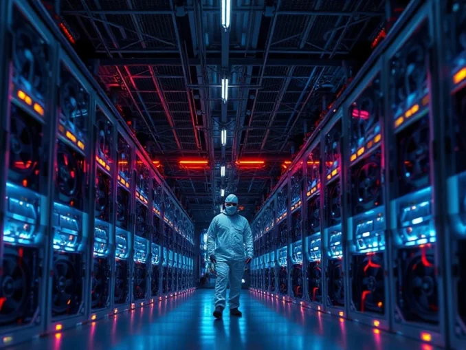 Interior of a modern cryptocurrency mining facility with server racks and a technician.