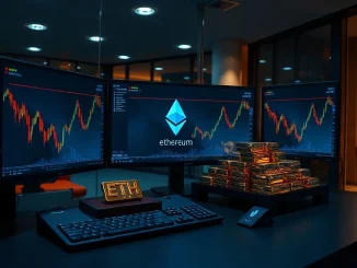 Ethereum trading monitors and gold bars on a desk representing a large institutional ETH purchase by BitMine.
