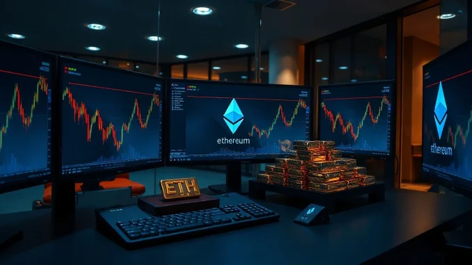 Ethereum trading monitors and gold bars on a desk representing a large institutional ETH purchase by BitMine.