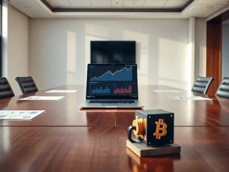 Laptop displaying Ethereum price chart on a boardroom table with a Bitcoin mining rig model.
