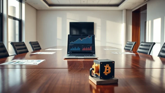Laptop displaying Ethereum price chart on a boardroom table with a Bitcoin mining rig model.
