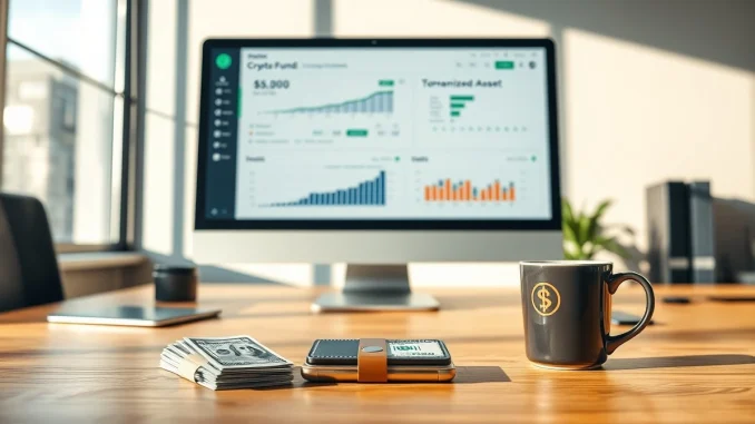 Bitwise and Superstate fund takeover: financial desk with monitor showing crypto fund metrics