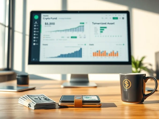 Bitwise and Superstate fund takeover: financial desk with monitor showing crypto fund metrics