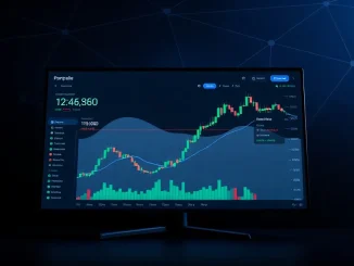 Digital dashboard showing tokenized stock trading interface with candlestick charts and blockchain network background