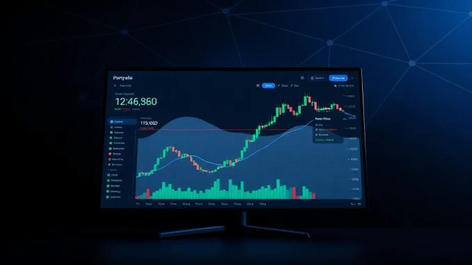 Digital dashboard showing tokenized stock trading interface with candlestick charts and blockchain network background