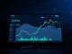 Digital dashboard showing tokenized stock trading interface with candlestick charts and blockchain network background
