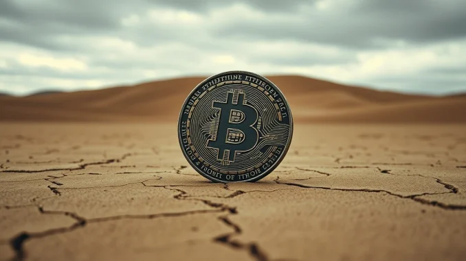 A weathered Bitcoin coin on a cracked desert floor, symbolizing the challenges facing Bitcoin DeFi.