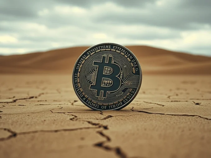 A weathered Bitcoin coin on a cracked desert floor, symbolizing the challenges facing Bitcoin DeFi.
