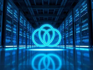Holographic Chainlink symbol in a modern data center with blue lighting.