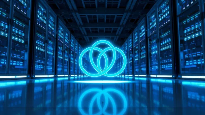 Holographic Chainlink symbol in a modern data center with blue lighting.