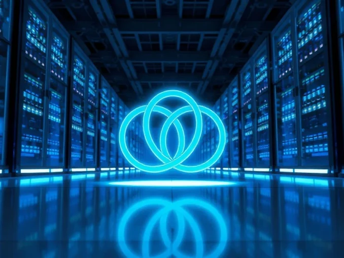 Holographic Chainlink symbol in a modern data center with blue lighting.