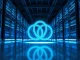 Holographic Chainlink symbol in a modern data center with blue lighting.