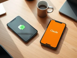 Two smartphones showing ChatGPT and Claude apps side by side on a desk
