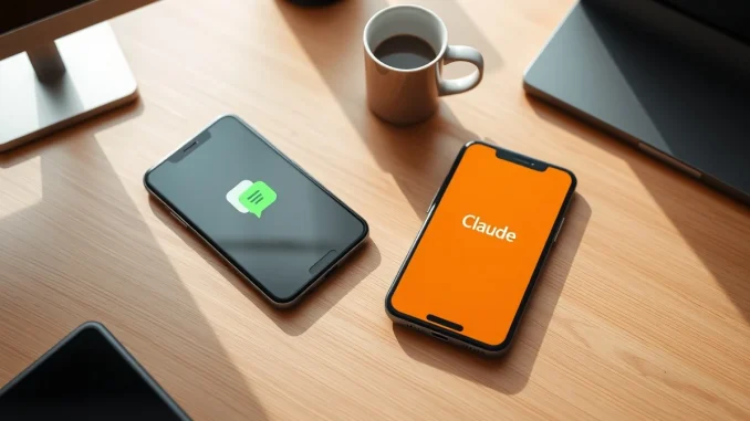 Two smartphones showing ChatGPT and Claude apps side by side on a desk