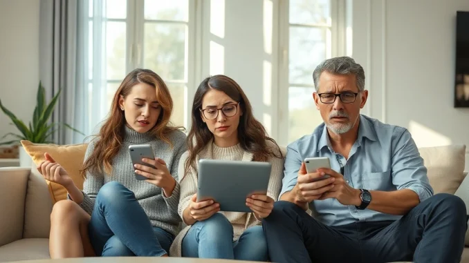 Consumers looking skeptically at a smartphone and tablet in a living room, illustrating distrust of AI in brand messaging.