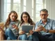 Consumers looking skeptically at a smartphone and tablet in a living room, illustrating distrust of AI in brand messaging.