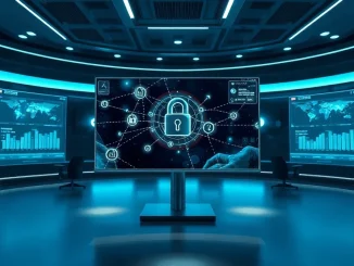 Digital command center with monitor displaying blockchain and cybersecurity visuals
