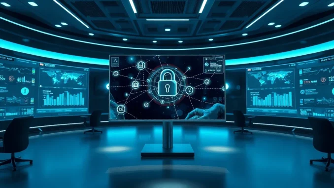 Digital command center with monitor displaying blockchain and cybersecurity visuals
