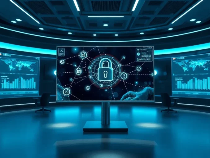 Digital command center with monitor displaying blockchain and cybersecurity visuals