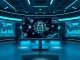 Digital command center with monitor displaying blockchain and cybersecurity visuals