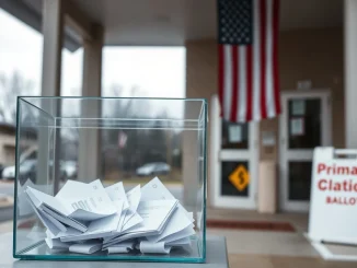 Exterior of a US polling station on primary election day with a ballot box in foreground.