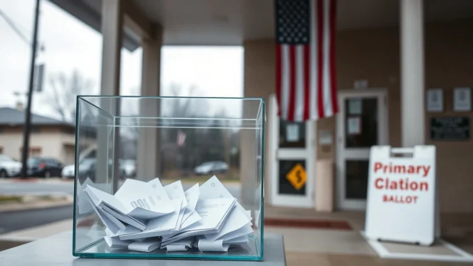Exterior of a US polling station on primary election day with a ballot box in foreground.