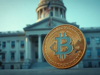Bitcoin coin in foreground with blurred government building and American flag in background