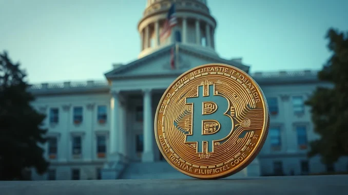 Bitcoin coin in foreground with blurred government building and American flag in background