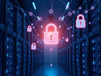 Interior of a modern data center with server racks and blue lighting, representing Cyera's AI-driven data security platform.