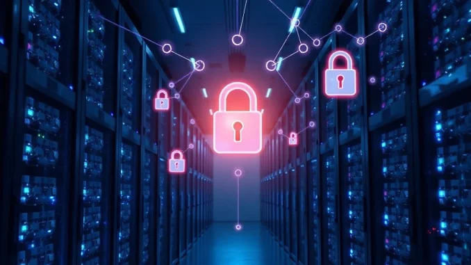 Interior of a modern data center with server racks and blue lighting, representing Cyera's AI-driven data security platform.